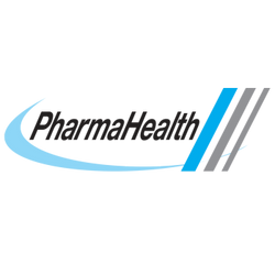 PharmaHealth logo with a blue and gray design on a white background