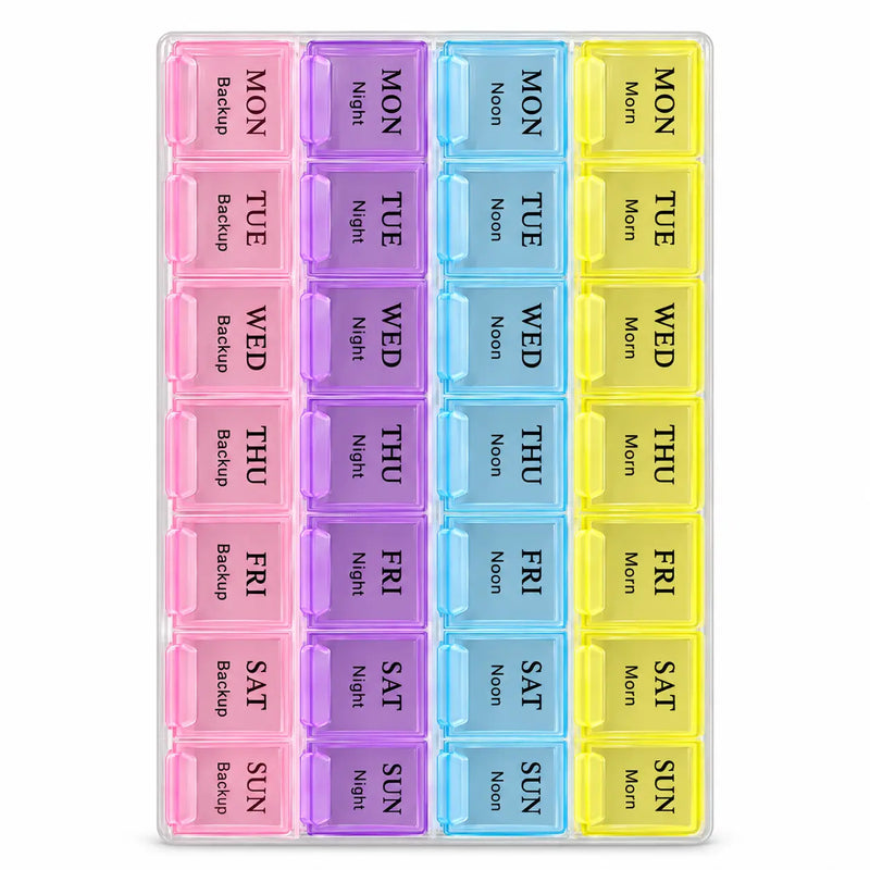 28-Slot Weekly Pill Organizer – 7 Day Morning, Noon, Night & Backup Pill Box