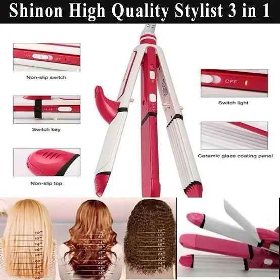 3-in-1 Ceramic Hair Straightener, Curler & Crimper Styling Tool