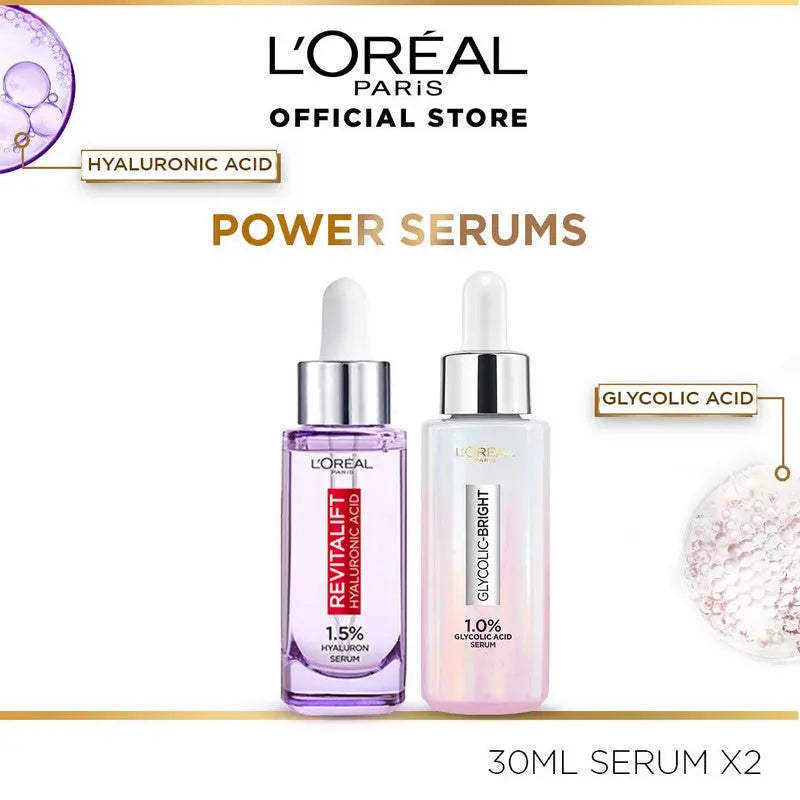 L'Oreal Paris Revitalift 1.5% Hyaluronic Acid Serum 30ml + Glycolic Bright Glowing Serum 30ml Set