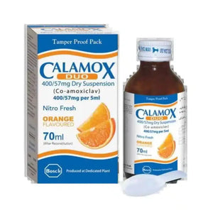 Calamox DUO 70ml Suspension 400mg/57mg/5ml (Amoxicillin/Clavulanic Acid) - Bosch Pharmaceuticals | derma.pk