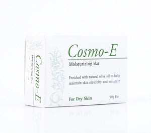 Cosmo-E Moisturising Soap Bar ingredients — Olive Oil, Vitamin E, Aloe Vera and Glycerin for nourished skin