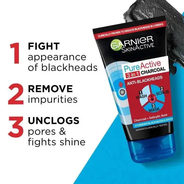 Garnier Skin Active 3-in-1 Charcoal Face Wash Scrub 50ml