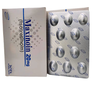 Maxinoin 20mg Isotretinoin Capsules box for severe nodular acne — dermatologist prescribed