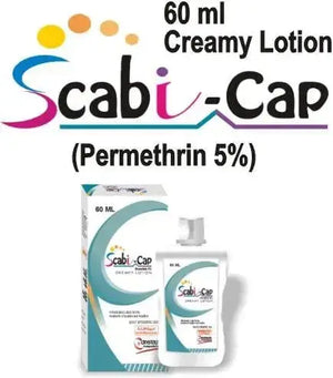 Scabi-Cap Creamy Lotion 60ml front packaging — Crystolite Permethrin 5% anti-scabies creamy lotion Pakistan