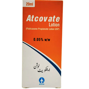 Atcovate Lotion 20ml front packaging showing Fluticasone Propionate USP 0.05% composition for dermatitis