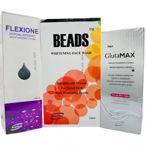 Hydrating & Brightening Trio Discount Box: Flexione Lotion, Glutamax Cream & Beads Face Wash
