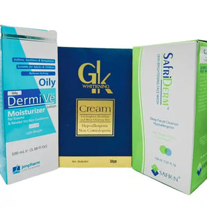Radiant Complexion Discount Box: GK Whitening Cream, Dermive Moisturizer & Safriderm Face Wash