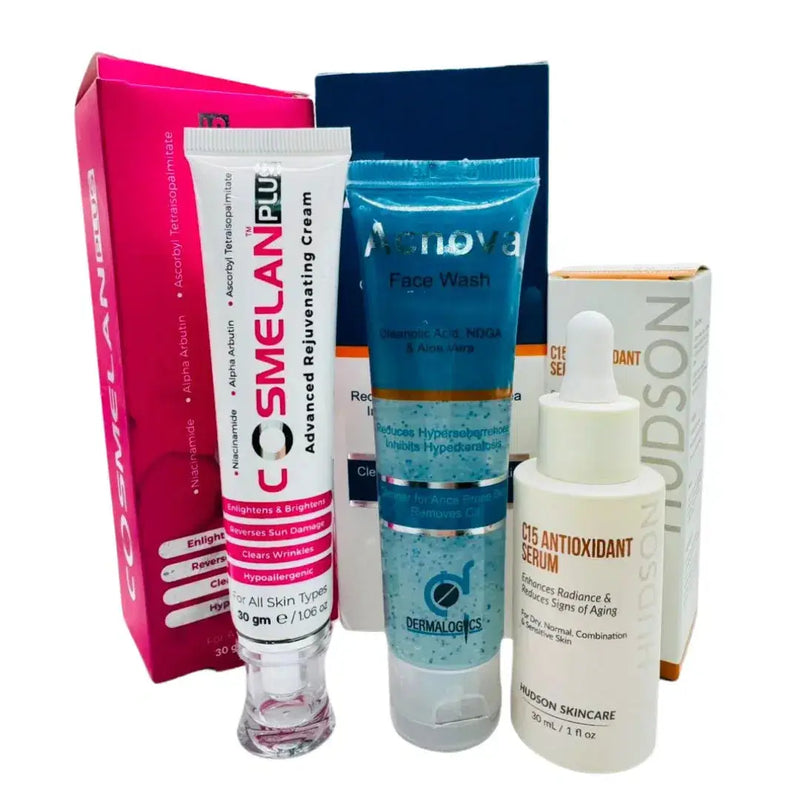 Skin Brightening discount box: Cosmelan Plus Cream, Hudson C15 Serum & Acnova Face Wash