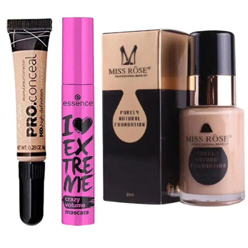 Flawless Face Makeup Deal Box: Miss Rose Foundation, LA Girl Concealer & Essence Mascara