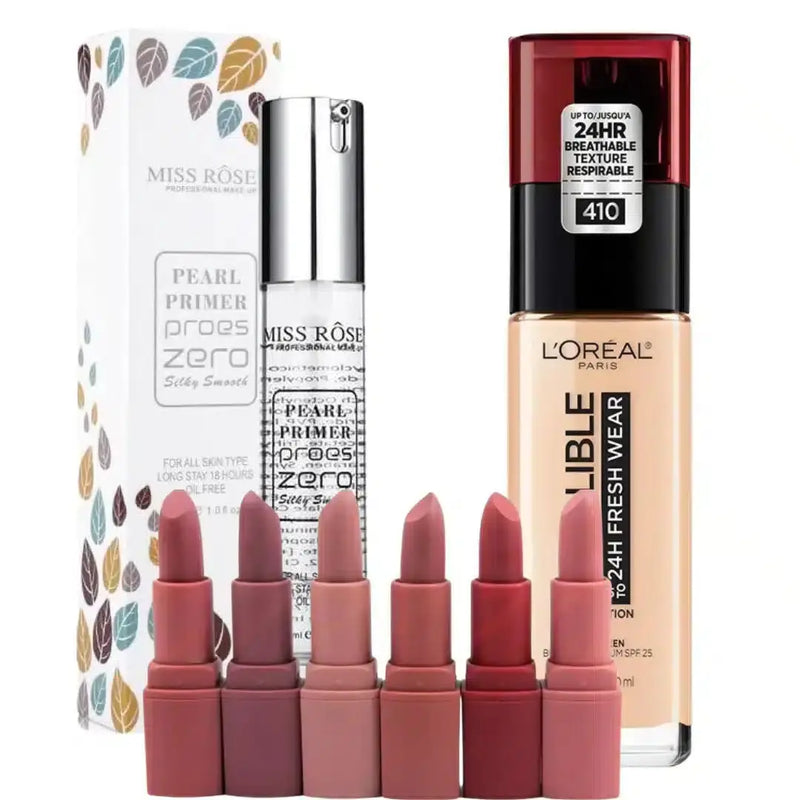 Flawless Face Combo: L'Oreal Infallible Foundation, Miss Rose Primer & Lipstick Set | derma.pk
