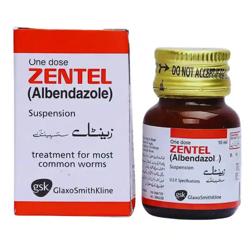 Zentel 100mg/5ml Suspension (10ml) - Albendazole for Parasitic Infections - derma.pk