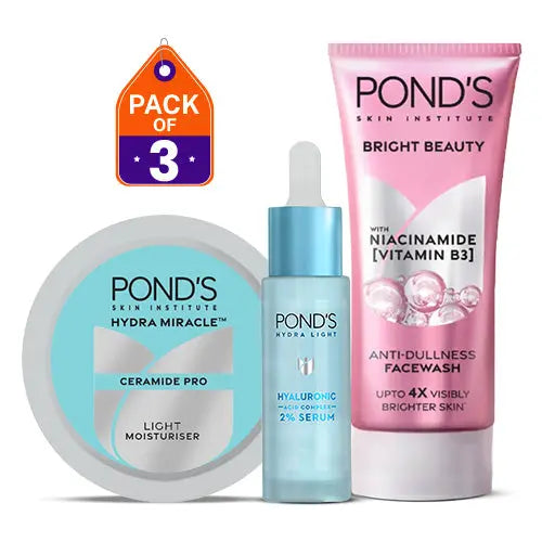 Pond's Light Moisturizer Cream 75ml, Bright Beauty Face Wash 100g & Hydra Miracle Serum 15ml Set