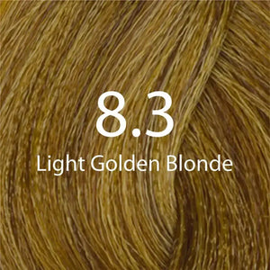 Eazicolor 8.3 colour swatch — light golden blonde hair colour result showing airy warm golden tone