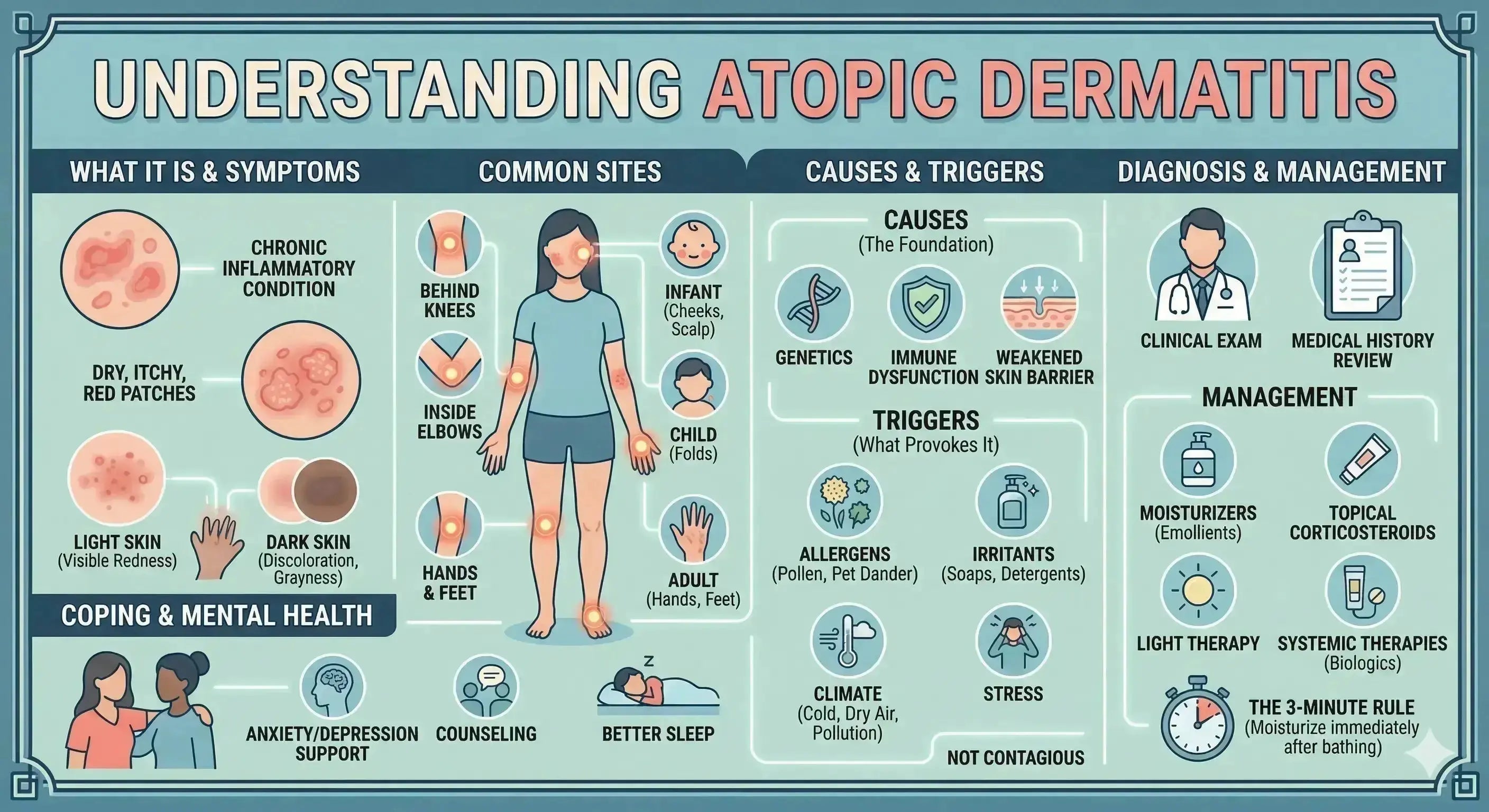 Atopic dermatitis treatment guide symptoms causes eczema management infographic Pakistan