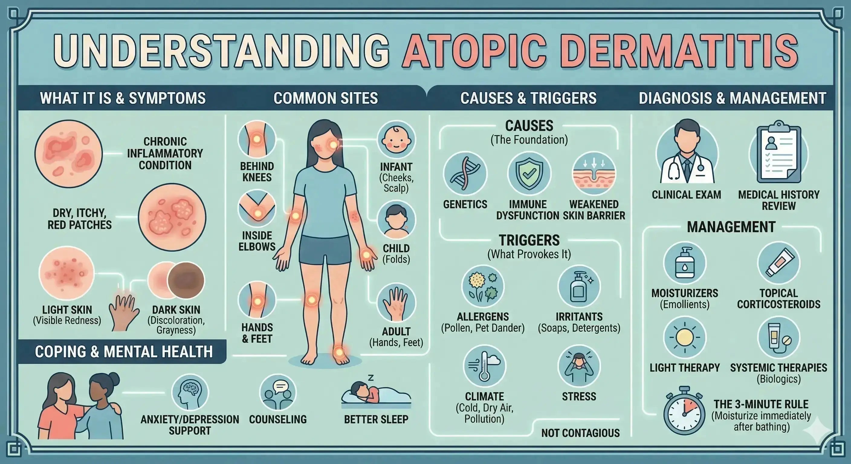 Atopic dermatitis treatment guide symptoms causes eczema management infographic Pakistan
