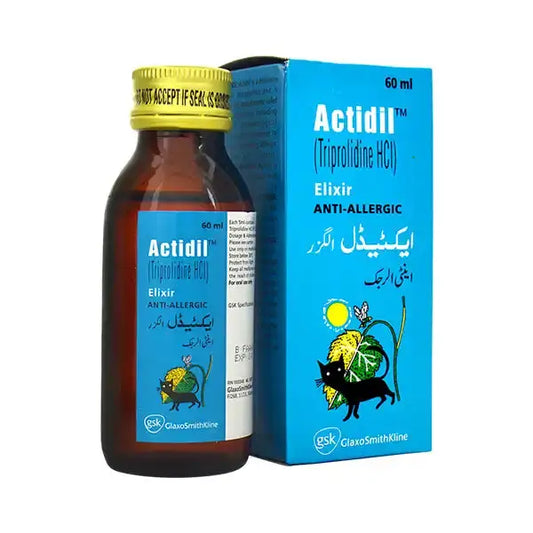 Actidil Elixir 60ml – Triprolidine antihistamine syrup for allergy relief, sneezing, and runny nose