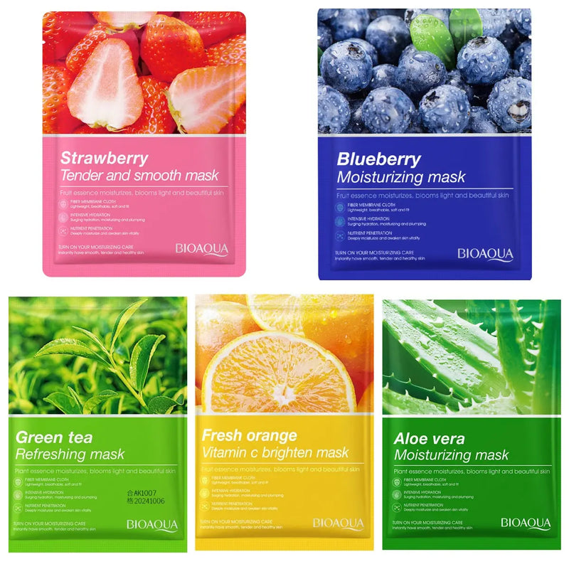 BIOAQUA Pack of 5 Fruits & Plants Extract Facial Sheet Mask - Assorted Variants (Sent at Random Based on Availability)