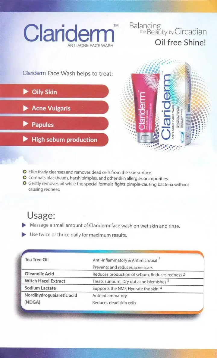 CLARIDERM ANTI ACNE FACE WASH 60ml Helix pharma