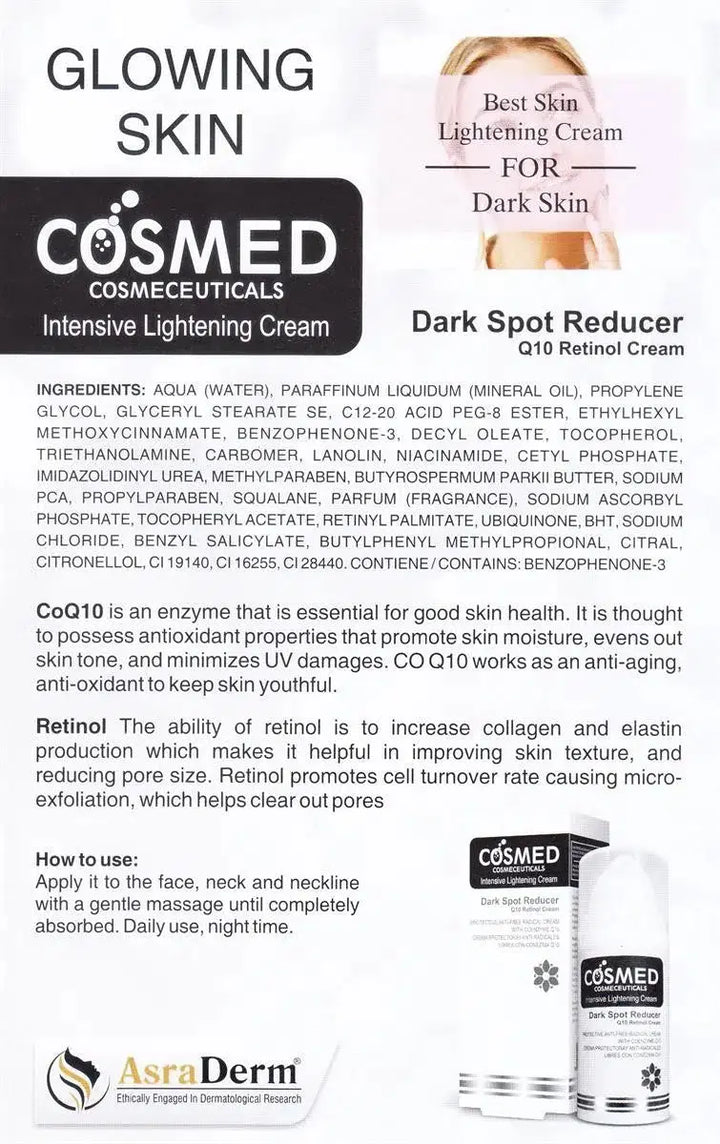 COSMED Cream for Skin Fairness | Q10 Retinol & Dark Spot Reducer Asra Derm pharma