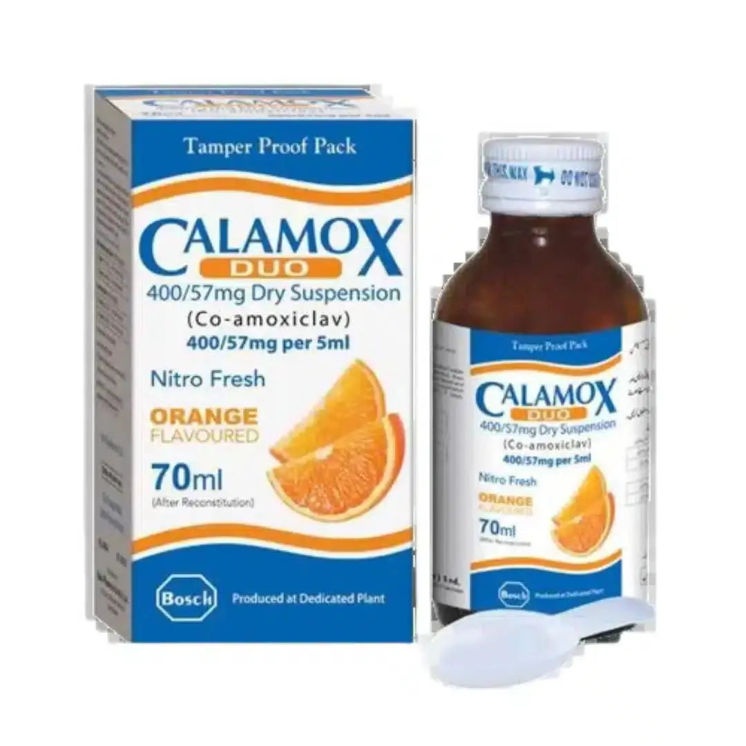 Calamox DUO 70ml Suspension 400mg/57mg/5ml (Amoxicillin/Clavulanic Acid) - Bosch Pharmaceuticals | derma.pk