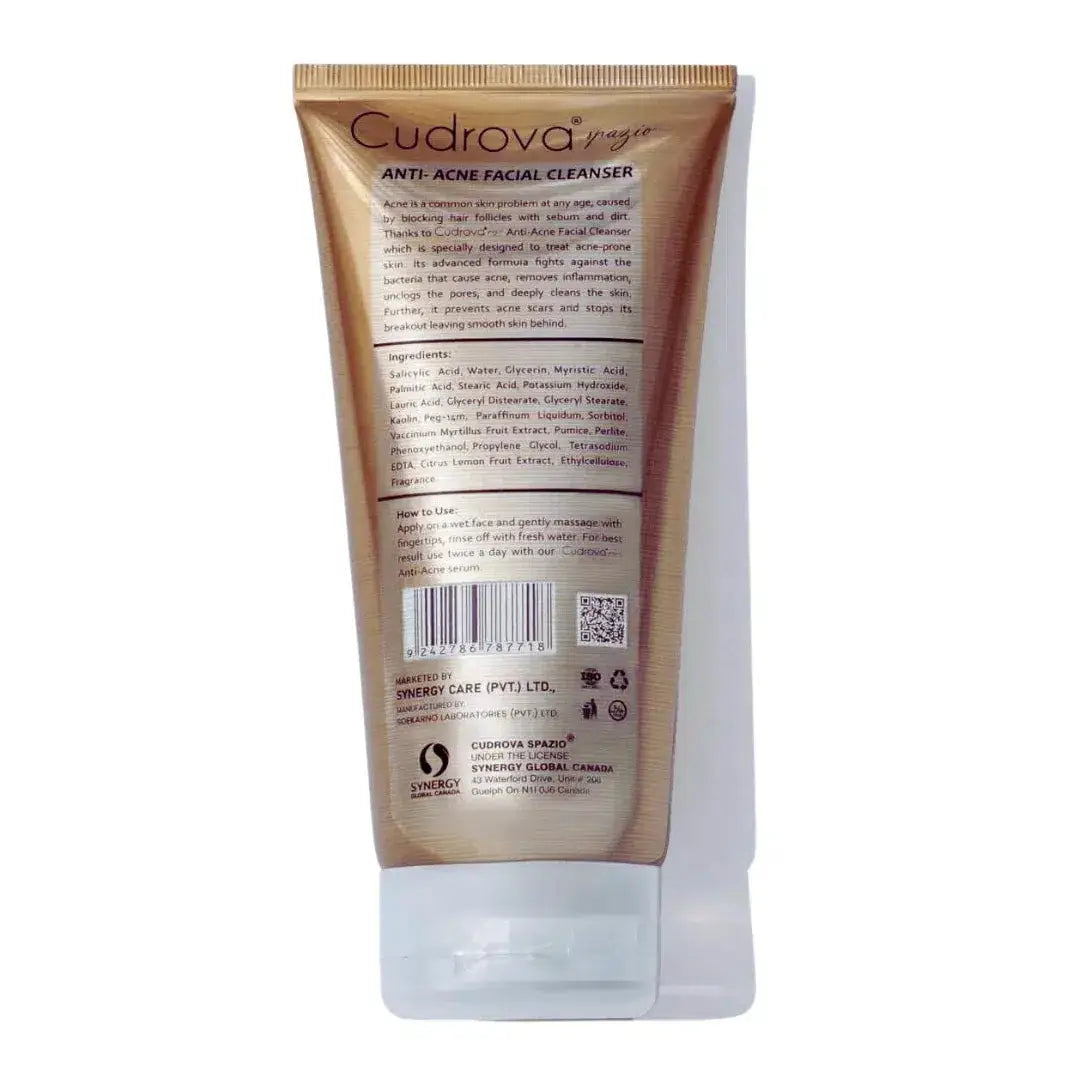 Cudrova Spazio Anti-Acne Facial Cleanser 160ml front and back — salicylic acid face wash for acne-prone skin at Derma.pk