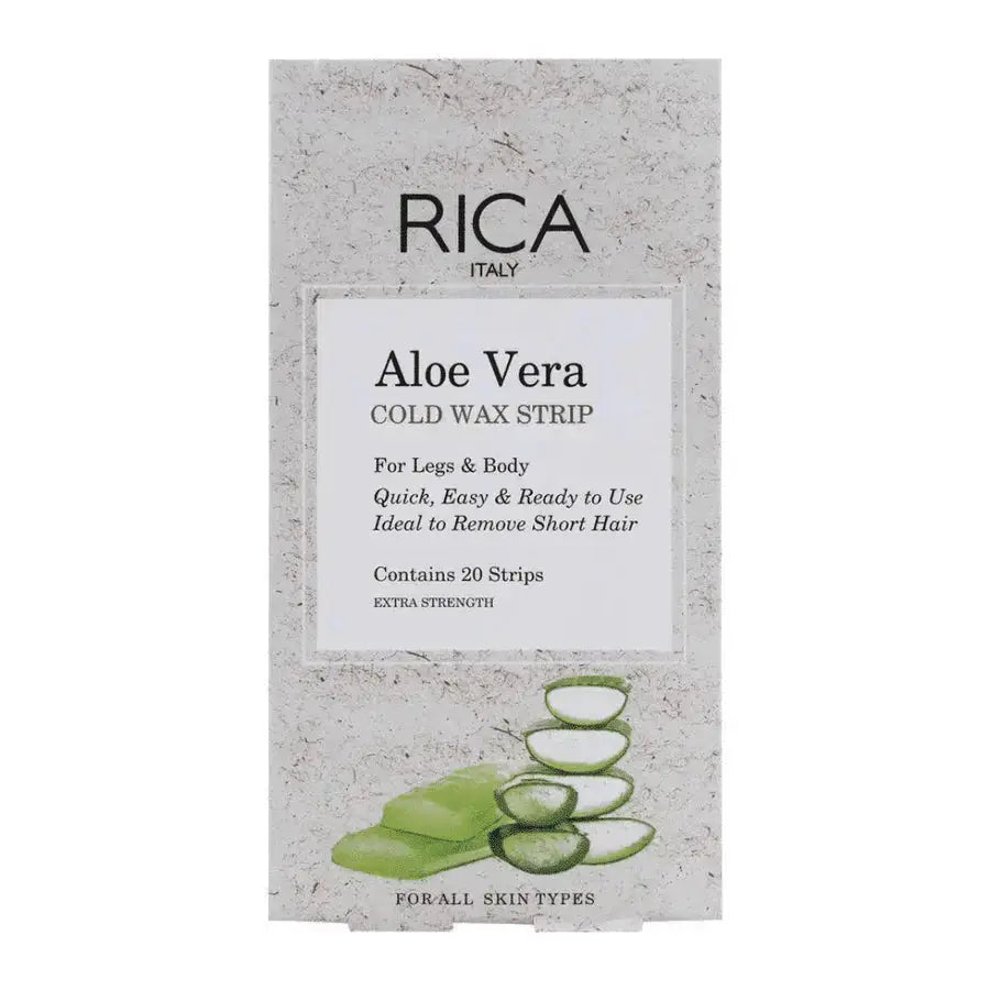 Rica Aloe Vera Waxing Strips packaging — 20 cold wax strips for legs and body