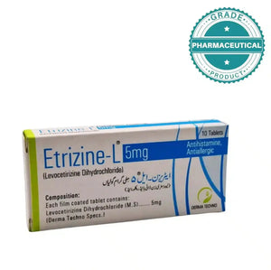 Etrizine-L antihistamine tablet front packaging by Derma Tecno