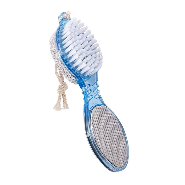 Blue nail brush with white bristles on a white background