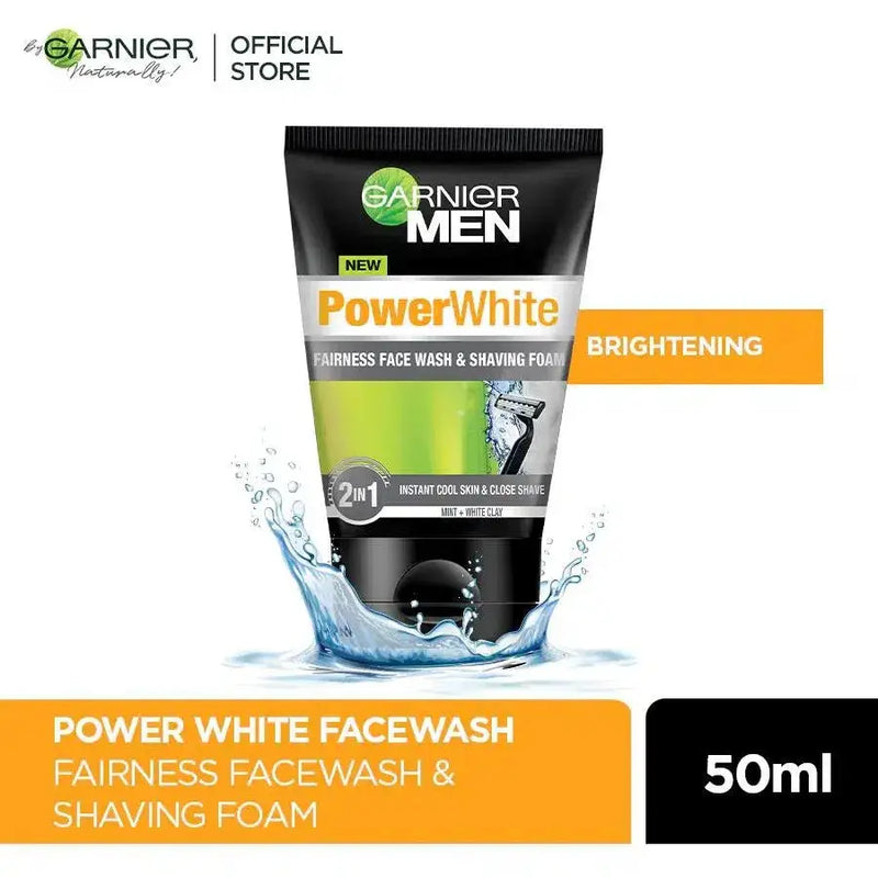 Garnier Men Power White Face Wash and Shaving Foam 50ml for Brighter Skin