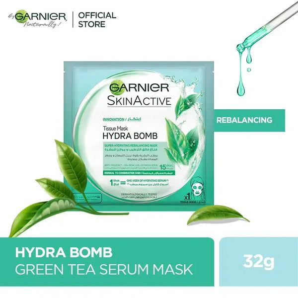 GARNIER SKIN ACTIVE HYDRA BOMB GREEN TEA TISSUE FACE MASK 28g Gernier