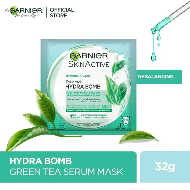 GARNIER SKIN ACTIVE HYDRA BOMB GREEN TEA TISSUE FACE MASK 28g Gernier