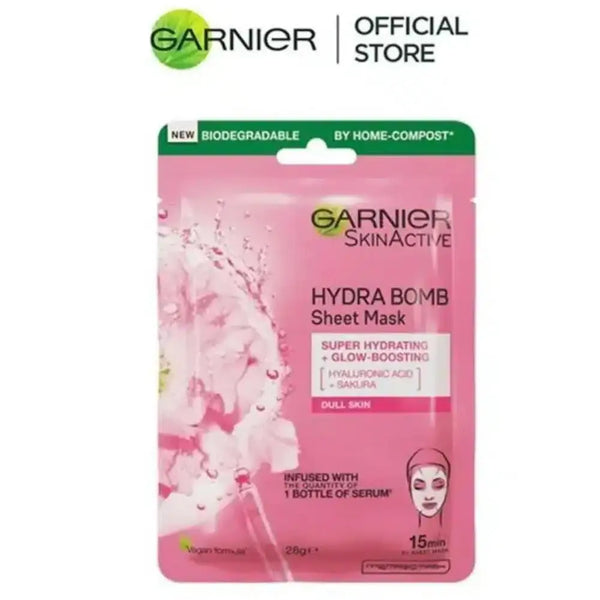 GARNIER SKIN ACTIVE HYDRA BOMB SAKURA TISSUE FACE MASK,HYDRATING AND GLOW BOOSTING 28g Derma.pk