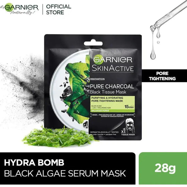 GARNIER SKIN ACTIVE PURE CHARCOAL BLACK AGLAE TISSUE FACE MASK 28 g Gernier