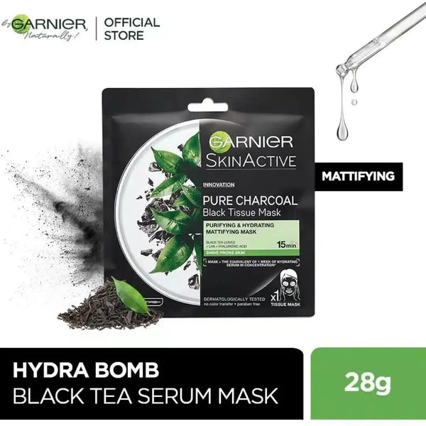 GARNIER SKIN ACTIVE PURE CHARCOAL BLACK TEA TISSUE FACE MASK 28 g Gernier