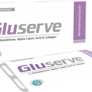 Gluserve Skin Brightening Capsules bottle side view — 30 capsules for hyperpigmentation & uneven skin tone