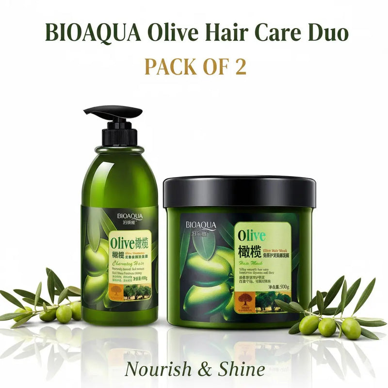 Bioaqua Pack of 2 Olive Shampoo & Hair Mask Set - Anti-Dandruff & Repairing Duo - 400ml + 500g