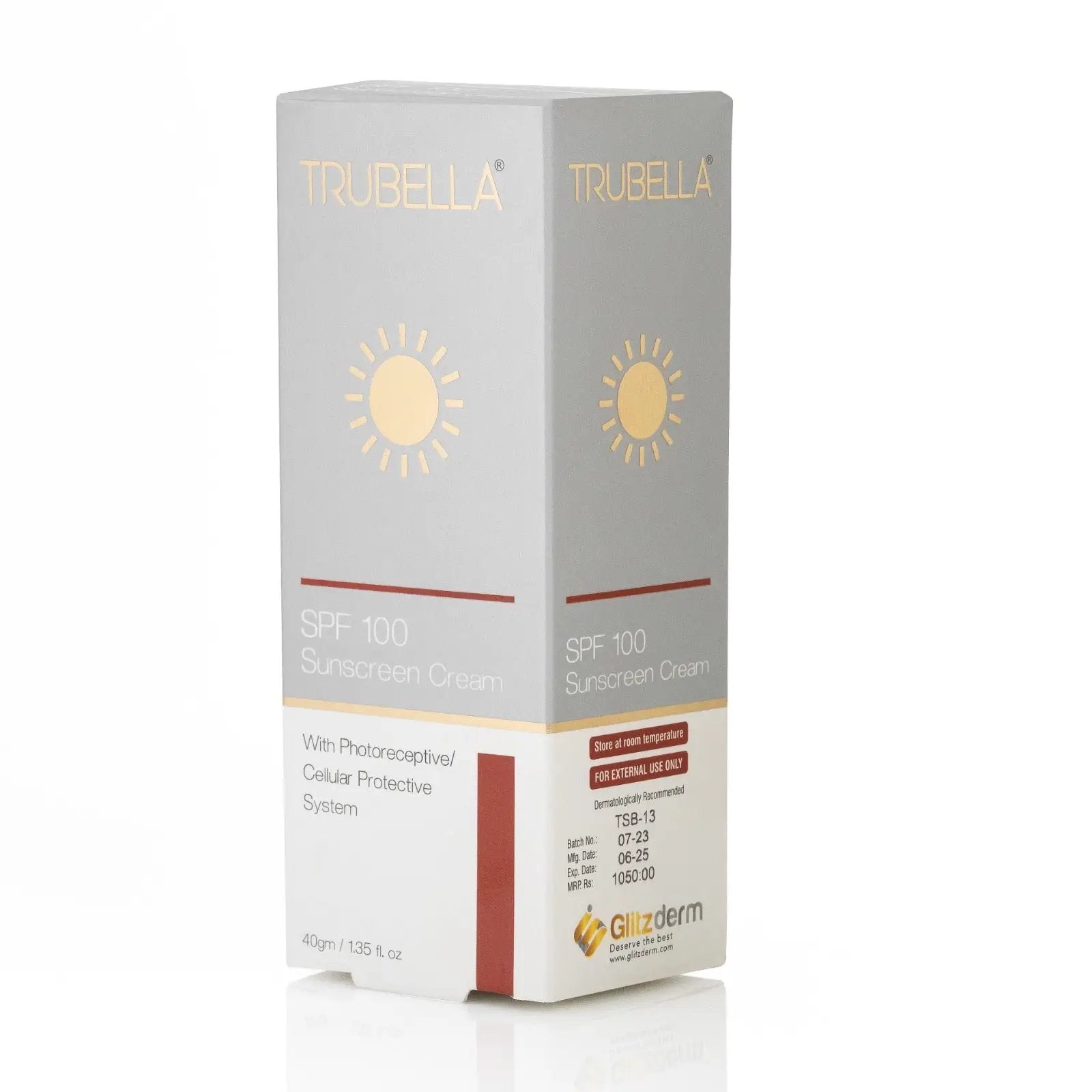 Trubella SPF 100 Sunblock packaging Glitz Pharma titanium dioxide zinc oxide maximum UV protection