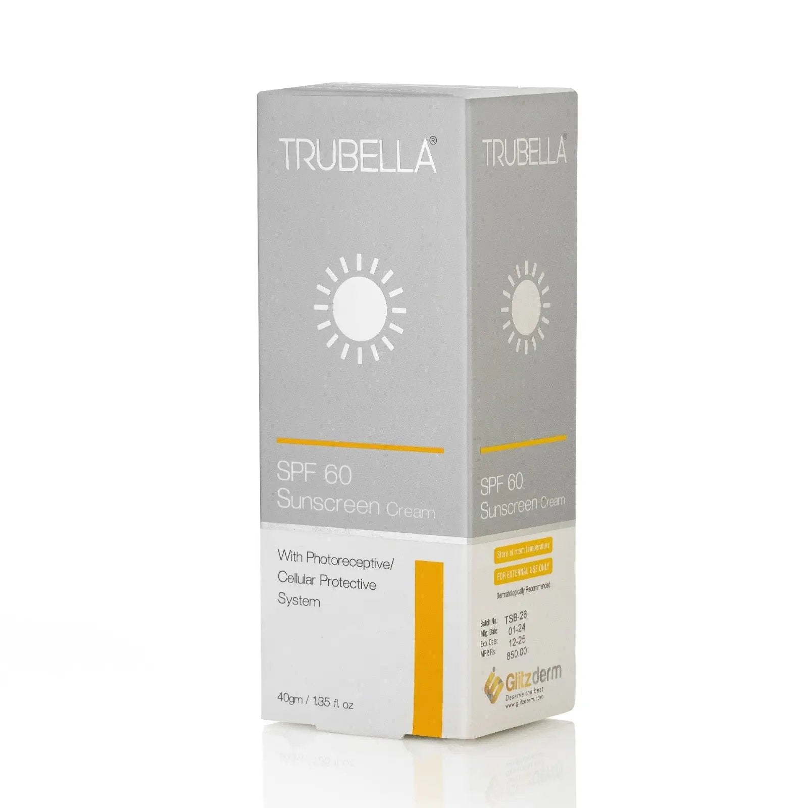 Trubella SPF 60 Sunblock tube Glitz Pharma titanium dioxide zinc oxide sun protection