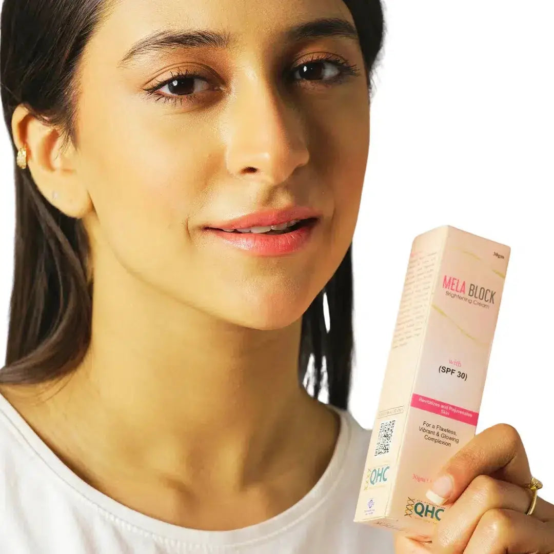 QHC Mela Block SPF 30 Brightening Cream — front view with ingredients