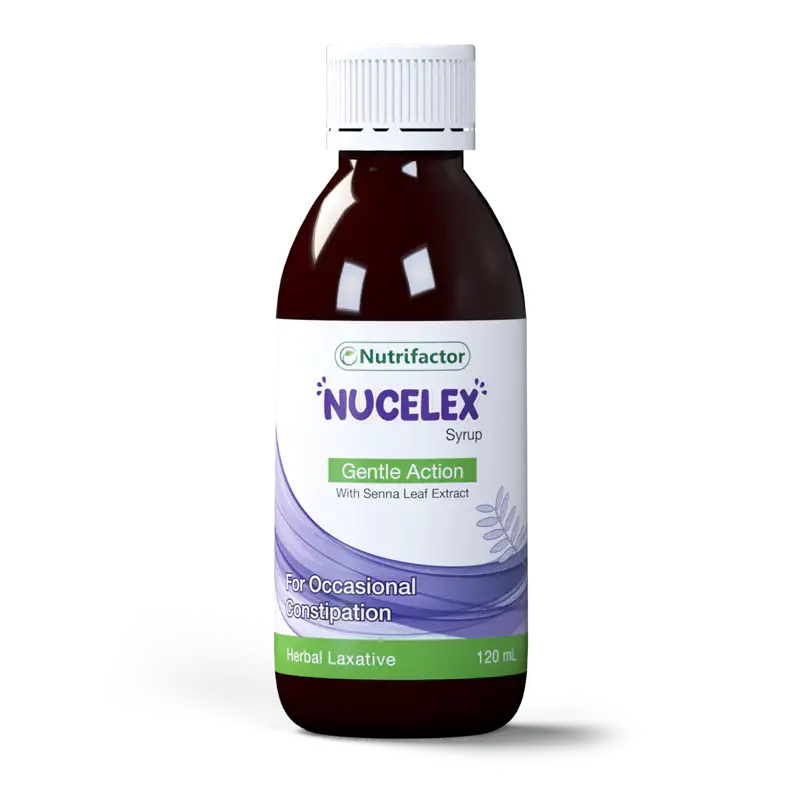 Nutrifactor Nucelex Syrup bottle for constipation relief in kids and adults