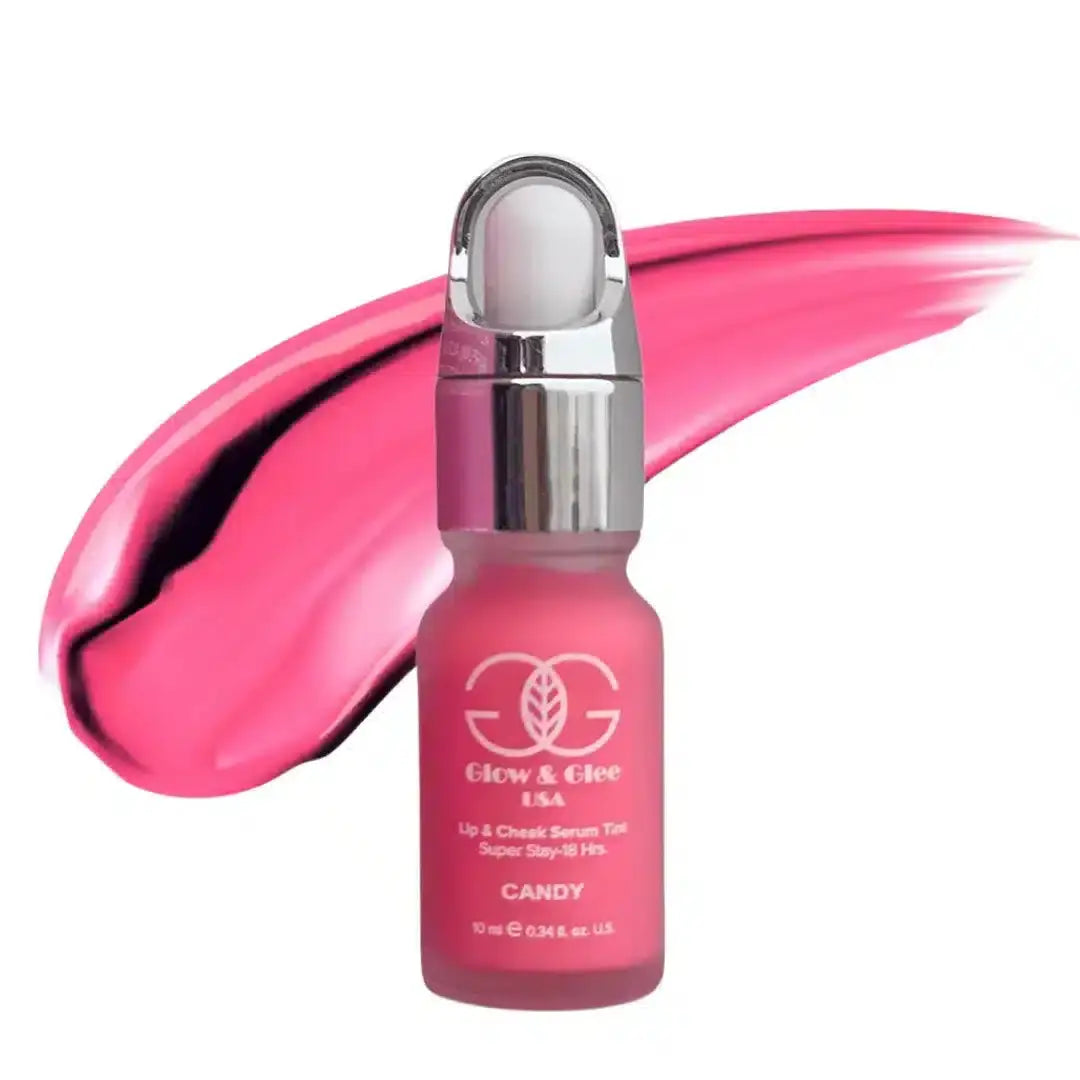 Glow & Glee Candy tint applied on lips and cheeks — velvety matte pink finish 18-hour wear