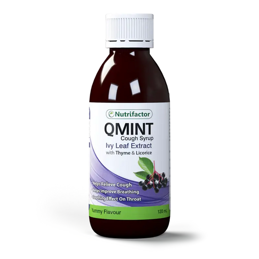 Qmint Cough Syrup bottle for throat and chest relief