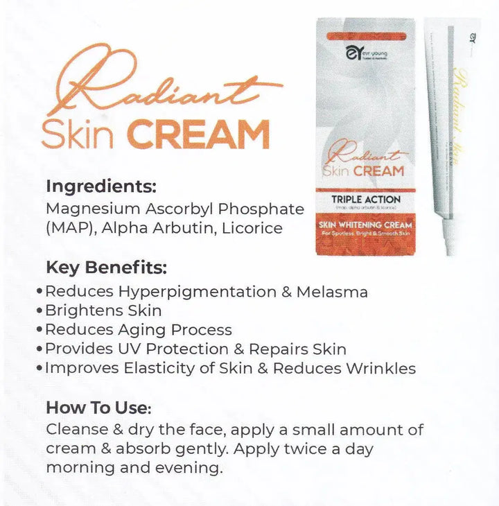 RADIANT SKIN WHITENING CREAM TRIPLE ACTION 30gm Asra Derm pharma