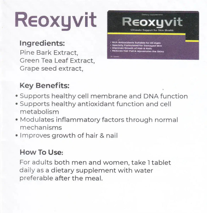 REOXYVIT SKIN HEALTH SUPPLEMENT 30 TABLETS Asra Derm pharma