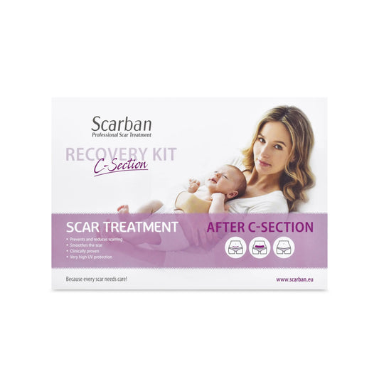 Scarban C-Section Recovery Kit box with silicone sheet on white background