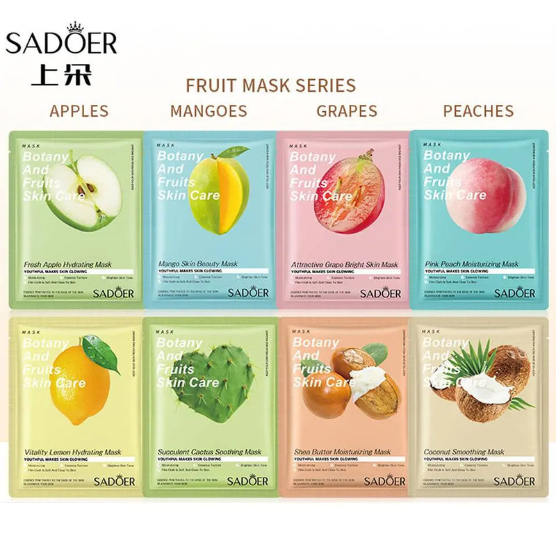 SADOER Pack of 8 Botany And Fruits Brightening Hydrating Moisturizing Facial Mask - Assorted Variants (Sent at Random Based on Availability)