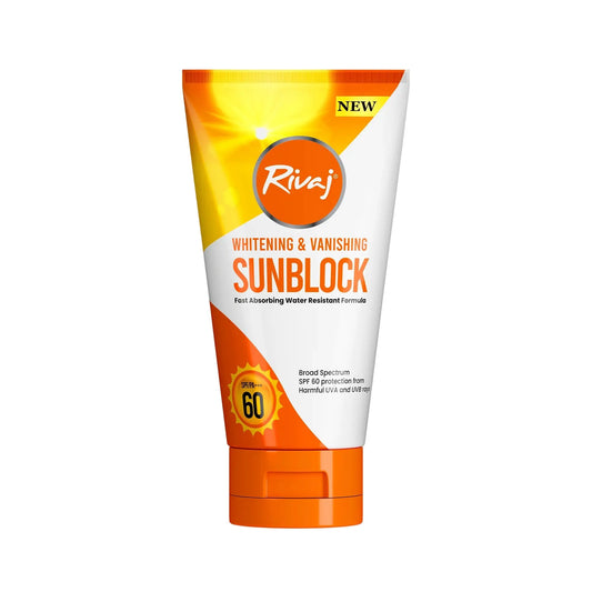 Rivaj SPF60 Sunblock 100ml – Brightening & Vanishing | Broad Spectrum UVA/UVB Protection – Available in Pakistan