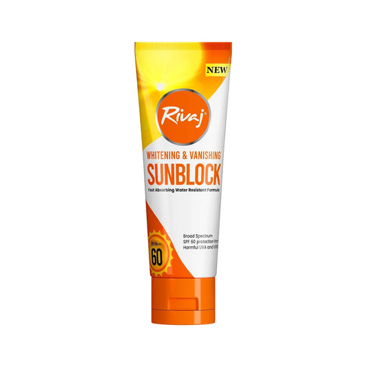 Rivaj SPF60 Sunblock 40ml – Brightening & Vanishing | Broad Spectrum UVA/UVB Protection – Available in Pakistan