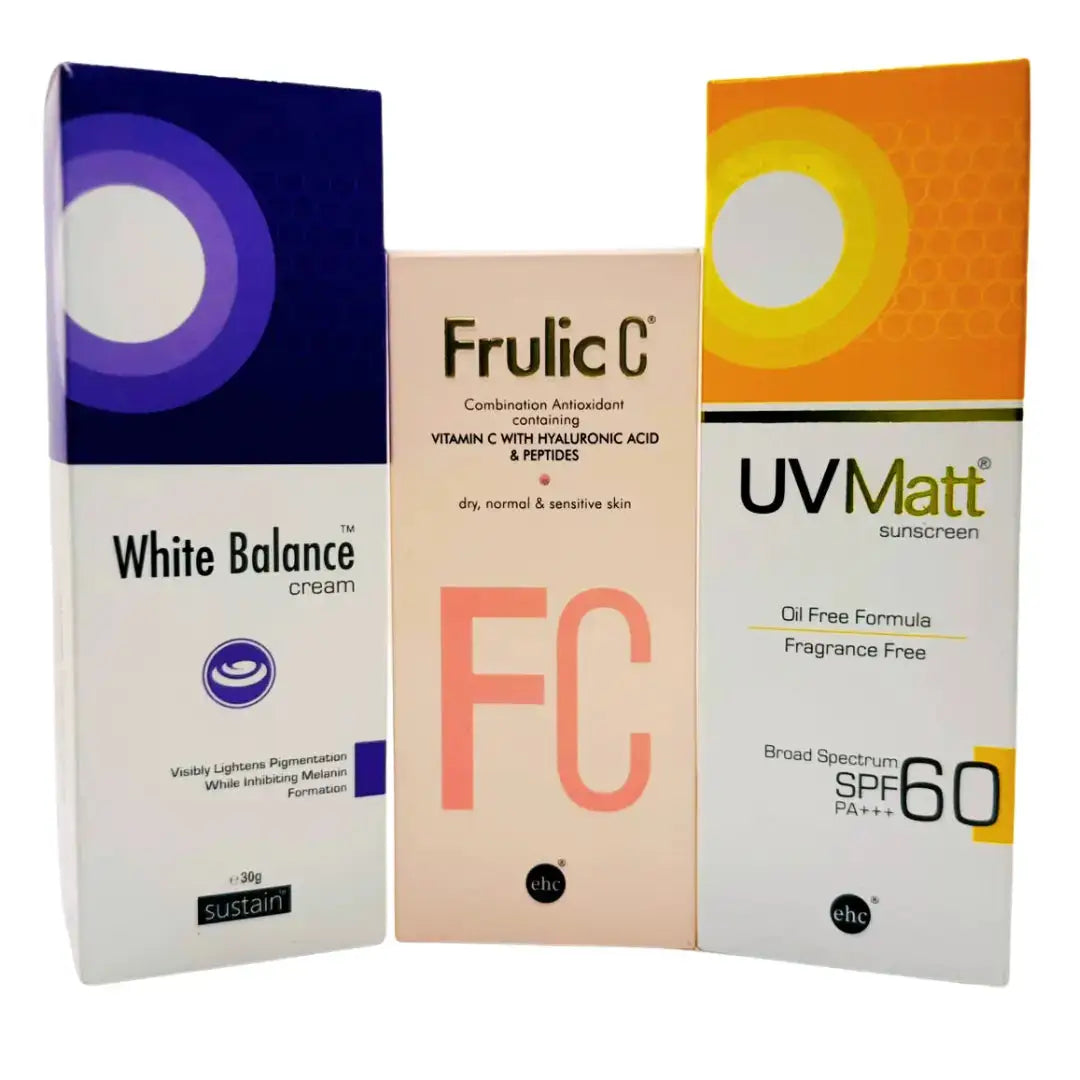 Complete Skincare Trio Discount Box : White Balance, Frulic C Serum & UV Matt Sunscreen